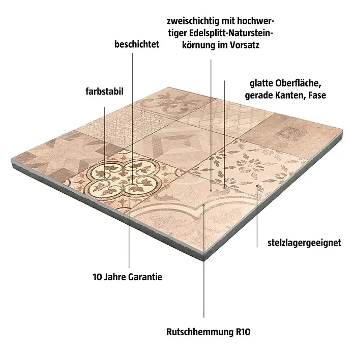 EHL Terrassenplatte Mosaik - 60 x 60 x 4 cm, Braun-Beige, Beton - Bild einer mehrfarbigen Bodenfliese mit Beschriftungen zu Eigenschaften wie Rutschhemmung, Farbstabilität und Garantie.