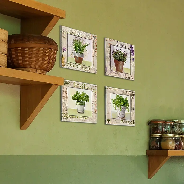 ProArt Leinwandbild Konventionel - Kitchen Garden III, B x H: 30 x 30 cm - Wanddekoration mit Kräuterdrucken in Töpfen. Die Bilder zeigen Kräuter wie Basilikum, Schnittlauch, Lavendel und Rucola in rustikalen Rahmen.