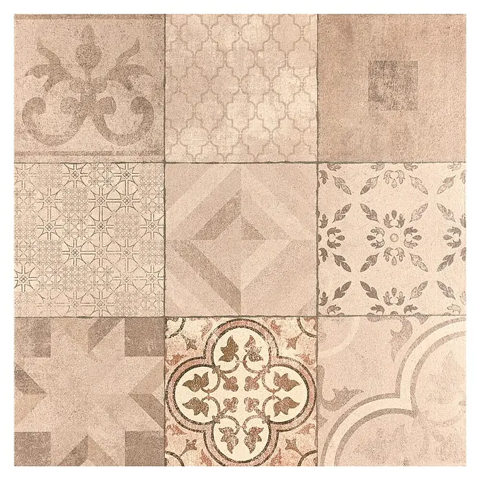 EHL Terrassenplatte Mosaik - 60 x 60 x 4 cm, Braun-Beige, Beton - Beigefarbene Keramikfliese mit verschiedenen Mustern für eine elegante und vielseitige Bodengestaltung.