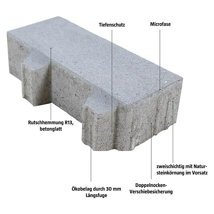 EHL Pflasterstein Cortona-Drän-Flair - 30 x 15 x 8 cm, Grau, Beton - Betonpflasterstein mit Tiefenschutz, Microfase, Rutschhemmung R13, zweischichtig mit Natursteinkörnung und Doppelnocken-Verschiebesicherung.