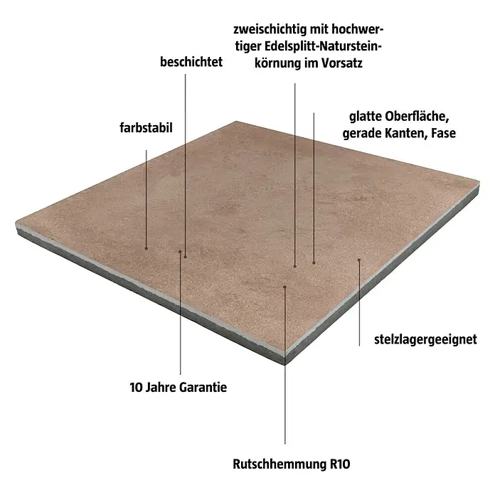 EHL Terrassenplatte Design - 60 x 60 x 4 cm, Braun-Beige, Beton - Produktbild einer beschichteten Terrassenplatte mit zweischichtiger Natursteinkörnung, rutschhemmend R10, mit 10 Jahren Garantie und glatter Oberfläche.