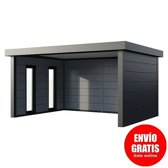 Telluria Pérgola estándar Singolo 4836 con ventanas - Medidas ext. (An x Pr): 508 x 388 cm, Acero, Antracita, Sin set - Se representa una cochera moderna gris con dos aberturas de ventanas y un techo plano.