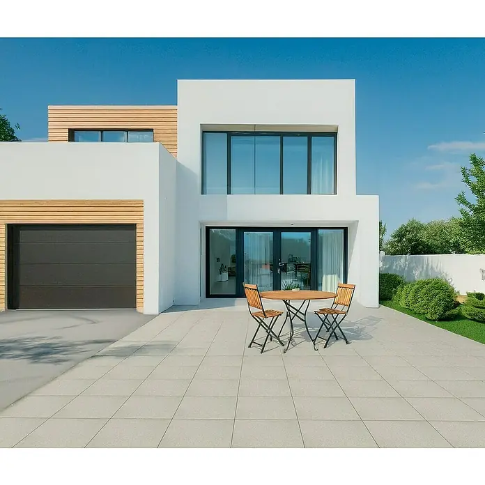 EHL Terrassenplatte Mantina - 60 x 60 x 4 cm, Greige, Beton - Modernes Haus mit grauer Garage und stilvollem Gartenset. Ideal für entspannte Stunden im Freien.