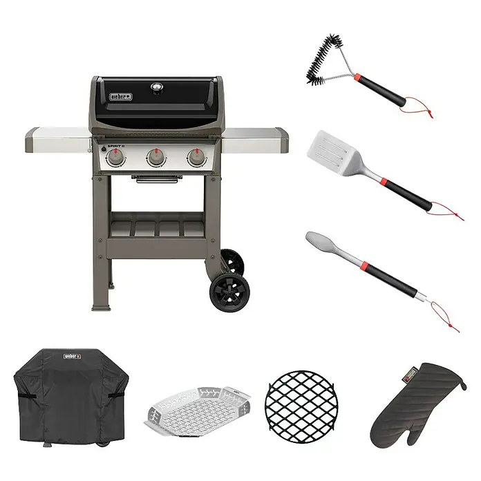 Weber Barbacoa de gas Spirit II E-310 + 7 accesorios - Superficie de la parrilla (An x Pr): 60 x 46 cm, 8,7 kW, Número de quemadores: 3 - Barbacoa Weber Spirit II con cepillo, espátula, pinzas, funda y otros accesorios para una gran experiencia de parrilla.