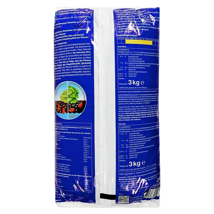 Compo Universaldünger Blaukorn - 3 kg - COMPO Blaukorn NovaTec Universaldünger: Optimiertes Wachstum mit wichtigen Nährstoffen für gesunde Pflanzen, reiche Ernte und Umweltschutz.