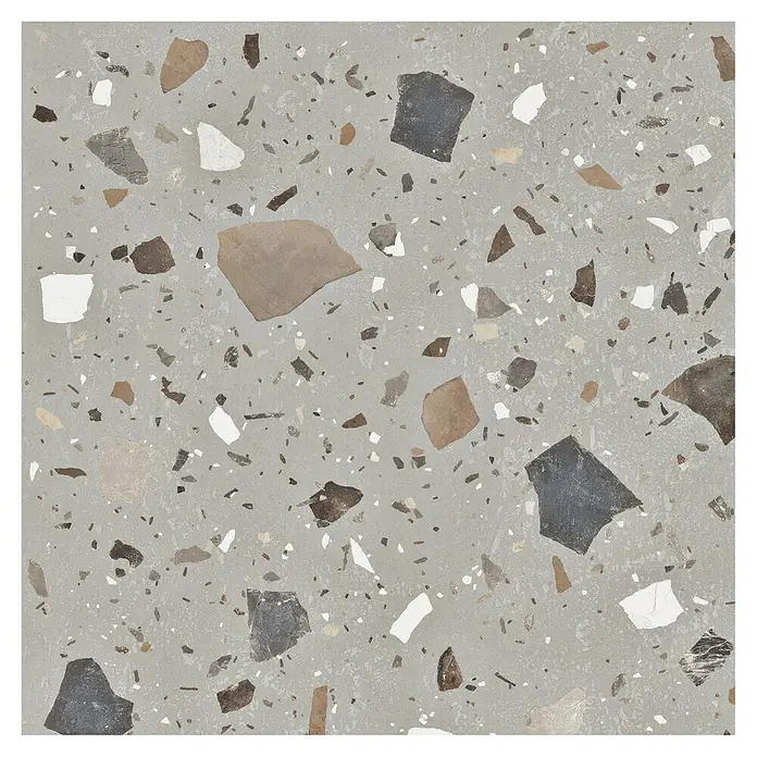 Feinsteinzeugfliese Pebble - 59,55 x 59,55 cm, Grey, Matt - Terrazzo-Fliese in Grautönen mit bunten Einschlüssen. Das Muster ist vielseitig und dekorativ für Innenräume.