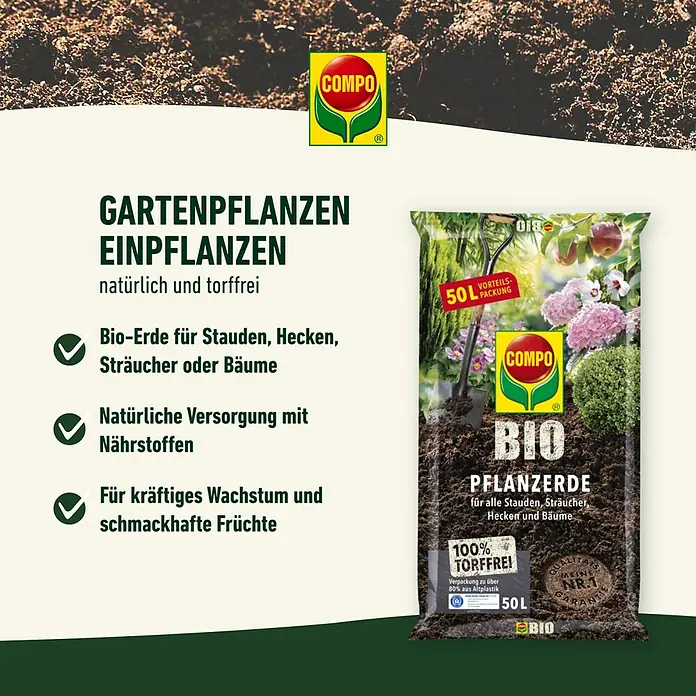 Compo Blumenerde - 70 l - Compo Bio-Pflanzerde für Gartenpflanzen, natürlich und torffrei, ideal für Stauden, Hecken, Sträucher oder Bäume.