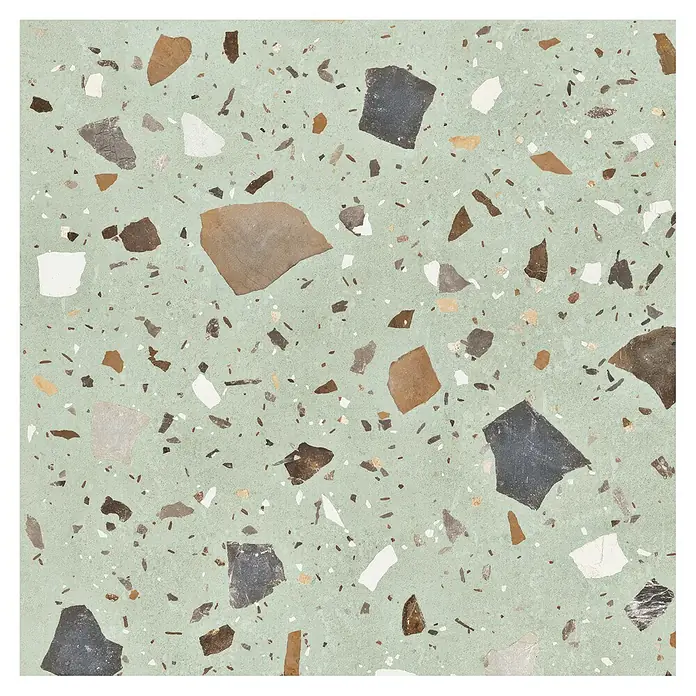 Feinsteinzeugfliese Pebble - 59,55 x 59,55 cm, Green, Matt - Nahaufnahme einer Terrazzo-Fliese mit mintgrünem Hintergrund und bunten Steineinschlüssen.
