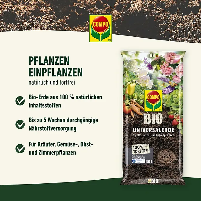 Compo Bio Blumenerde - 40 l - COMPO Bio Universalerde für Garten- und Balkonpflanzen. Natürlich, torffrei und ideal zum Einpflanzen von Gemüse, Kräutern und Zimmerpflanzen.