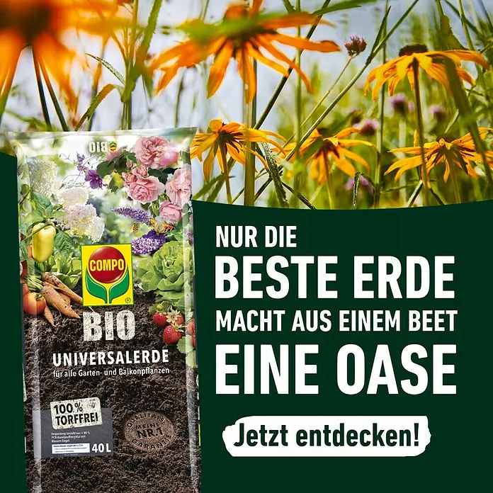 Compo Bio Blumenerde - 40 l - Compo Bio Universalerde: Die beste Erde für Garten- und Balkonpflanzen, 100% torffrei für eine natürliche Oase.