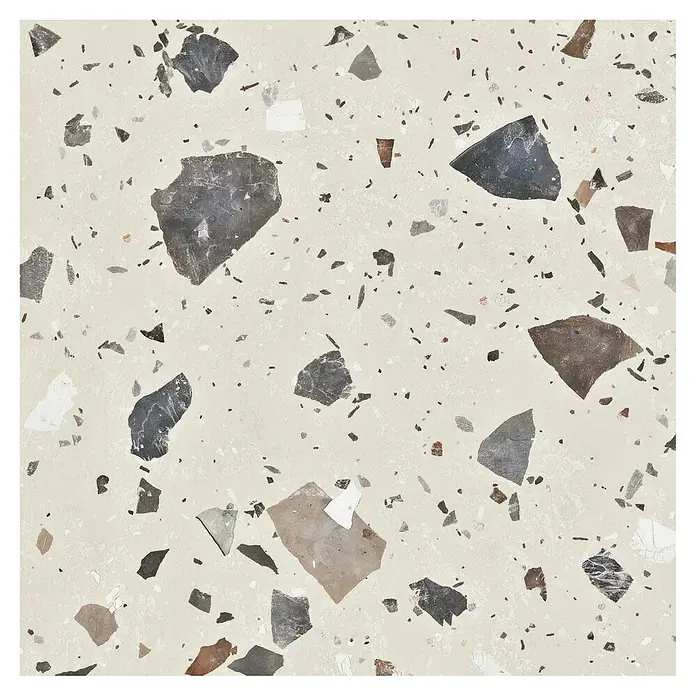 Feinsteinzeugfliese Pebble - 59,55 x 59,55 cm, Ivory, Matt - Nahaufnahme einer beigen Terrazzo-Fliese mit bunten Einschlüssen für einen stilvollen Bodenbelag.