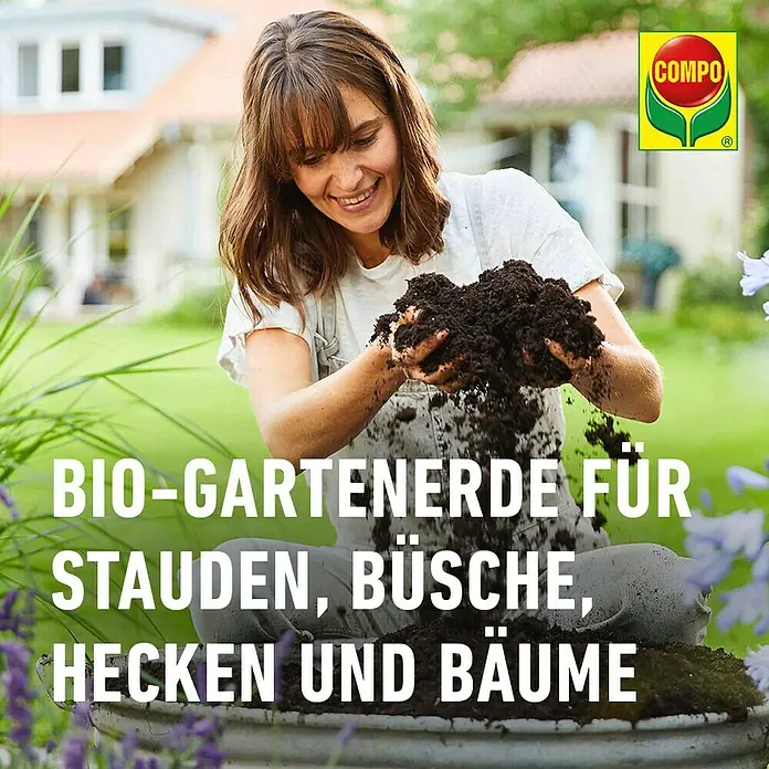 Compo Blumenerde - 70 l - Frau mit Bio-Gartenerde von COMPO für Stauden, Büsche, Hecken und Bäume.