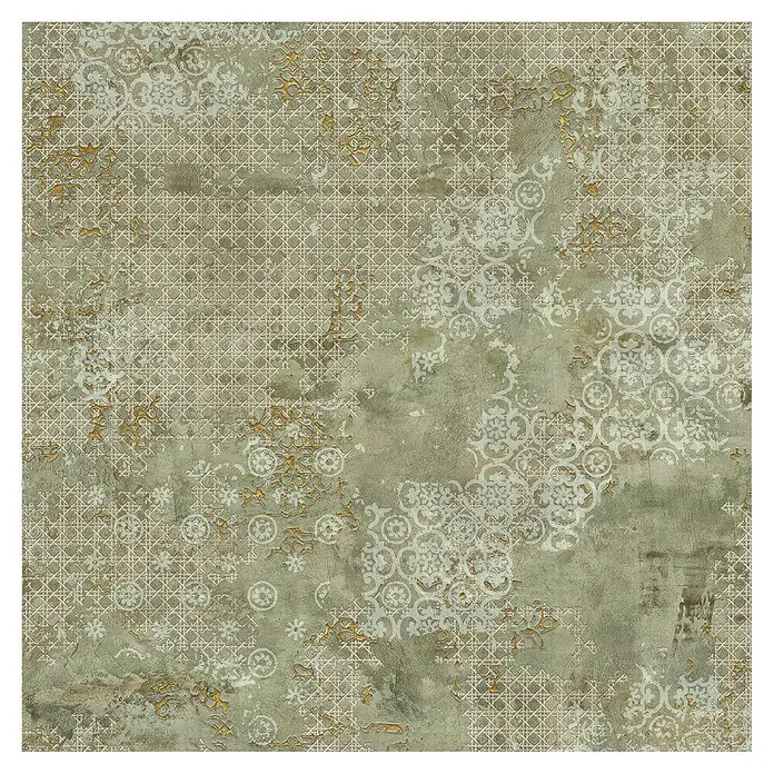 Feinsteinzeugfliese Rug - 59,55 x 59,55 cm, Green, Matt - Vintage-inspirierte Fliese mit geometrischen und floralen Mustern in sanften Grün- und Beigetönen. Ideal für einen Hauch von Nostalgie.
