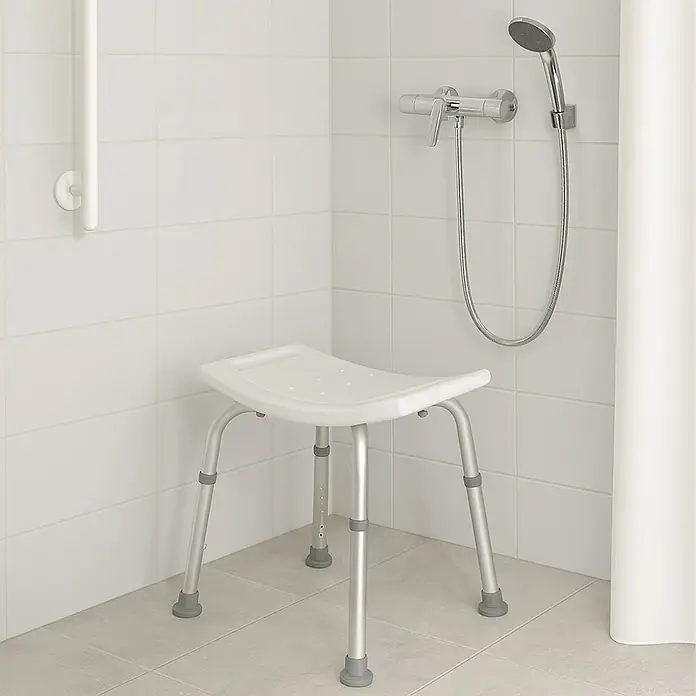 careosan Taburete de baño - 525 x 455 x 55 cm, Plástico, Ajuste de altura: 375 cm - 55 cm - Taburete de ducha con patas de aluminio y asiento blanco para mayor comodidad y seguridad en la ducha.