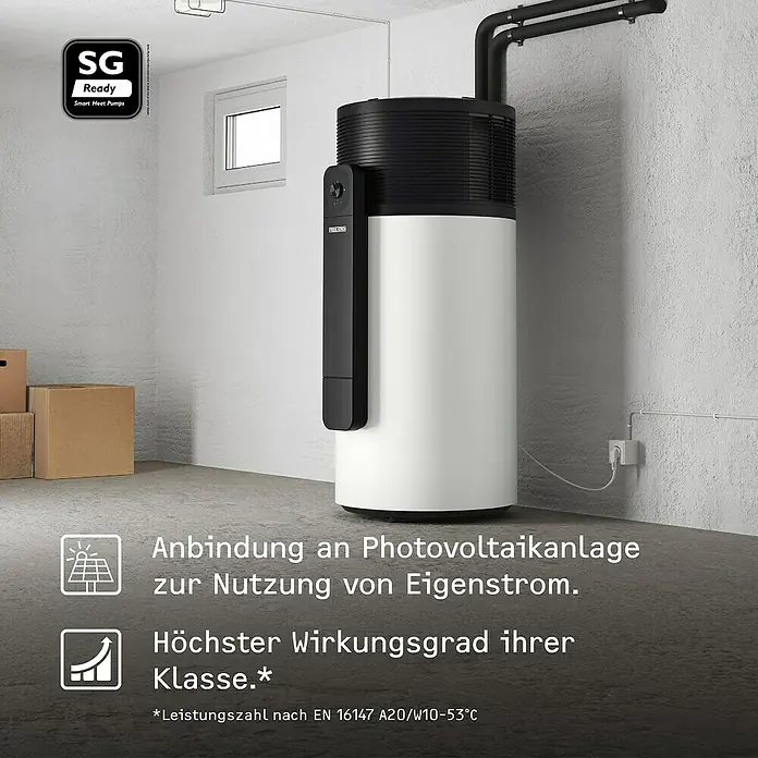 Stiebel Eltron Warmwasser-Wärmepumpe WWK-I 200 Plus - Heizleistung: 1,845 W, Fassungsvermögen: 200 l - Das Bild zeigt eine Stiebel Eltron Wärmepumpe, die mit einer Photovoltaikanlage verbunden ist.