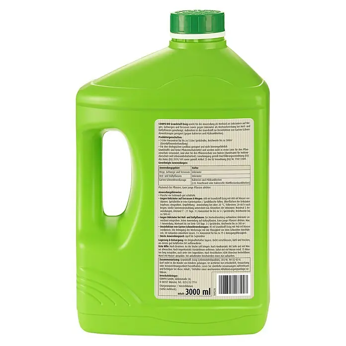 Compo Bio Grundstoff Essig - 3 l - Grüne Flasche COMPO BIO Grundstoff Essig, ein Herbizid für Wege, Gehwege und Terrassen, ideal zur Gartenpflege und Unkrautbekämpfung.