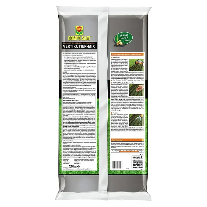 Compo Saat Vertikutier-Mix - 7,5 kg - COMPO SAAT Vertikutier-Mix: Rasensamen, Rasendünger und Bodenaktivator für die schnelle Sanierung vertikutierter Rasenflächen.