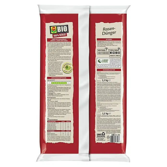 Compo Bio-Rasendünger Unkraut & Moos Nein Danke! - 5,5 kg, Max. Anwendungsfläche: 110 m² - Eine Tüte COMPO BIO Rasendünger Unkraut & Moos Nein Danke! ist auf dem Bild zu sehen. Der Rasendünger ist 100% natürlich.