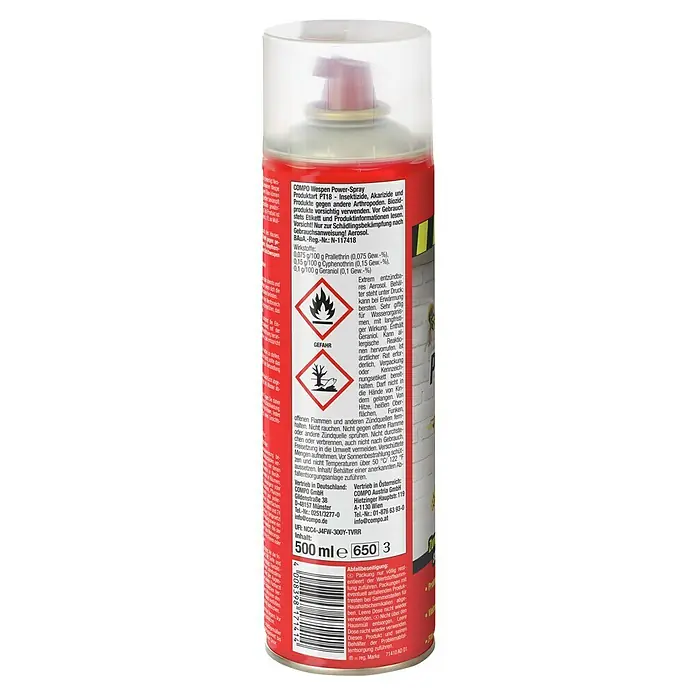 Compo Wespen-Spray Power - 500 ml - Bild einer roten COMPO Wespen Power-Spraydose, ein Insektizid zur Schädlingsbekämpfung, mit Warnhinweisen und Anwendungshinweisen.