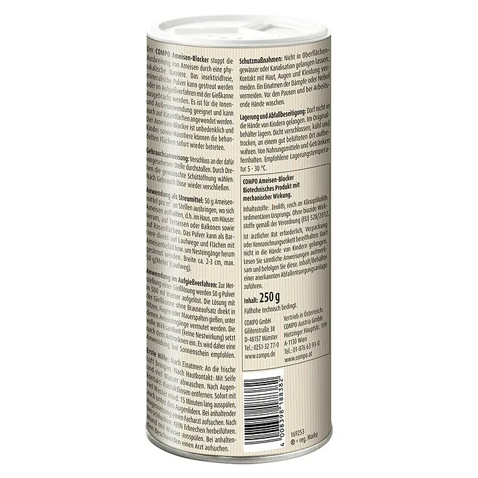 Compo Ameisen-Mittel Blocker - 250 g - COMPO Ameisen-Blocker Dose. Das Produkt stoppt die Ausbreitung von Ameisen durch eine physikalische Barriere und ist für Innen- und Außenanwendung.