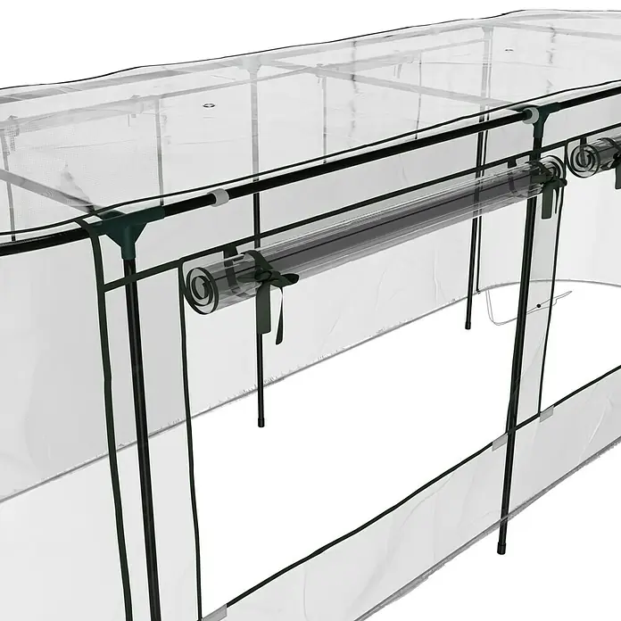 Vitavia Hochbeet-Abdeckung 858 Plus - 238 x 78 x 95 cm, Farbe: Transparent - Detailansicht eines Gewächshauses, das durchsichtige Abdeckung und Rollos zur Lichtregulierung bietet.