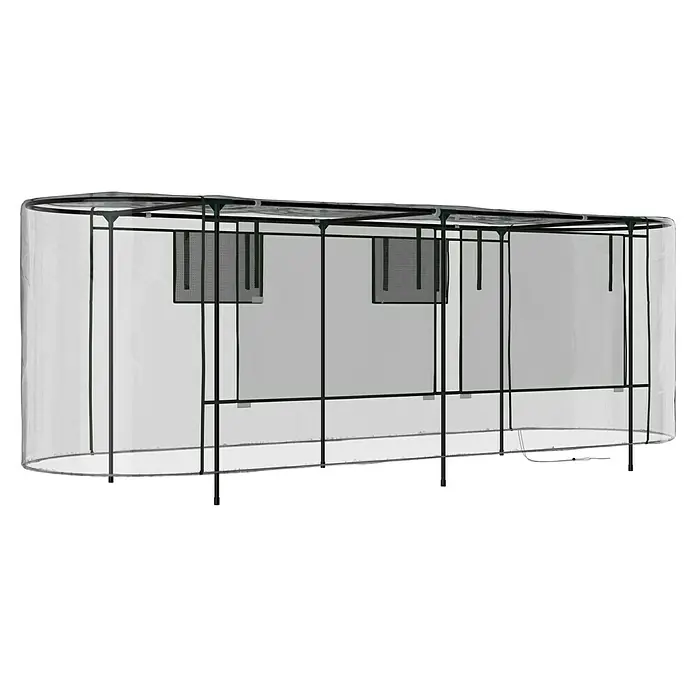 Vitavia Hochbeet-Abdeckung 858 Plus - 238 x 78 x 95 cm, Farbe: Transparent - Ein detailliertes Bild eines runden Gewächshauses mit einem Metallrahmen und durchsichtigen Paneelen, das für den Anbau von Pflanzen in Innenräumen konzipiert ist.