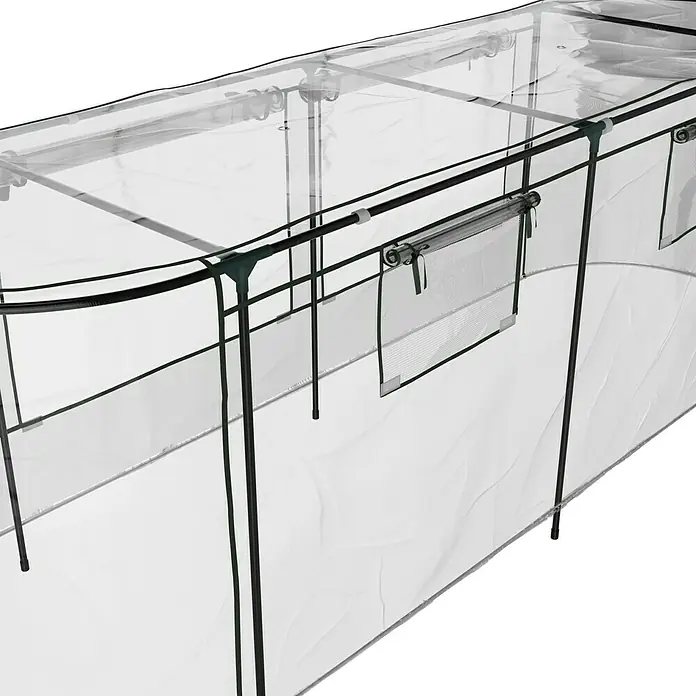 Vitavia Hochbeet-Abdeckung 858 Plus - 238 x 78 x 95 cm, Farbe: Transparent - Nahaufnahme des schwarzen Gewächshauses mit Fenster.