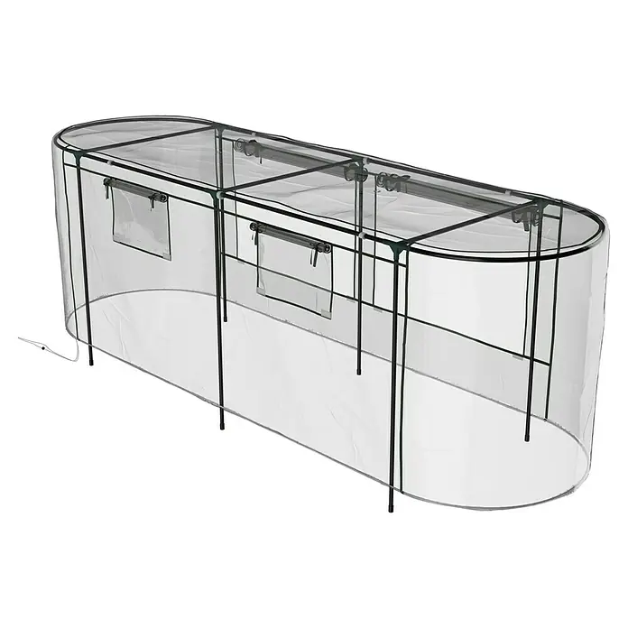 Vitavia Hochbeet-Abdeckung 858 Plus - 238 x 78 x 95 cm, Farbe: Transparent - Abbildung eines dunklen Growzelts mit Fenster zur Pflanzenaufzucht in Innenräumen, das ideale Umfeld für den erfolgreichen Anbau bietet.