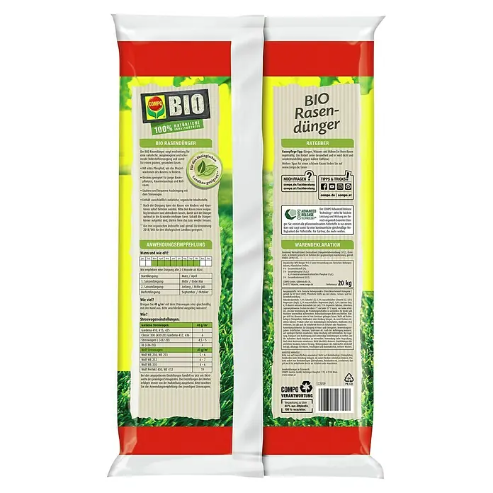 Compo Bio-Rasendünger Aktion - 20 kg, Max. Anwendungsfläche: 500 m² - Nahaufnahme einer Packung COMPO BIO Rasendünger mit Hinweisen zu Anwendung, Inhaltsstoffen & Vorteilen für einen gesunden Rasen.