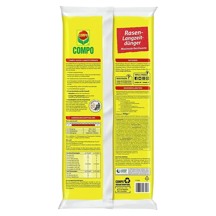 Compo Langzeitdünger Rasen - 10 kg, Max. Anwendungsfläche: 400 m² - Verpackung von COMPO Rasen-Langzeitdünger, der für dichten, grünen Rasen sorgt. Maximale Reichweite für eine einfache Anwendung.