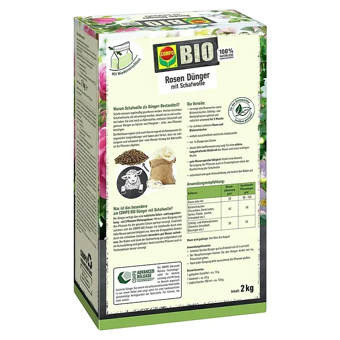 Compo Bio-Schafwolldünger Rosen - 2 kg, Rosen - COMPO BIO Rosendünger mit Schafwolle: Natürlicher Dünger für üppige Rosen und Blütensträucher, ideal für eine langanhaltende Blüte.