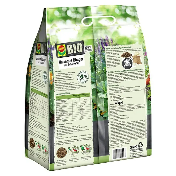 Compo Bio-Schafwolldünger Universal - 4 kg, Gartenpflanzen - Universal Dünger mit Schafwolle von COMPO BIO: Optimal für Gartenpflanzen, Obst und Gemüse. Natürliche Inhaltsstoffe für gesunde Pflanzen.