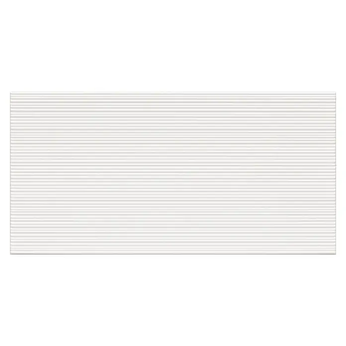 DryTile Wandfliese Palazzo Strukturiert Rille - 30 x 60 cm, Weiß, Matt - Nahaufnahme einer weißen, horizontal gerippten Papierstruktur. Die Textur zeigt subtile Schatten und ein gleichmäßiges Muster.