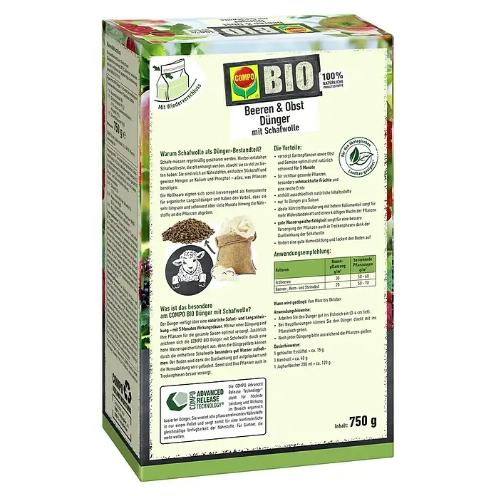 Compo Bio-Schafwolldünger Beeren & Obst - 0,75 kg, Beeren - COMPO BIO Beeren & Obst Dünger mit Schafwolle: Ein natürlicher Langzeitdünger für Gartenpflanzen, Obst und Gemüse mit 750g Inhalt.