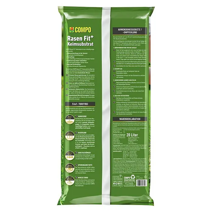 Compo Pflanzensubstrat Rasen Fit+ - 20 l - COMPO Rasen Fit+ Keimsubstrat: Torffreies Substrat für Rasen, das Keimung und Wachstum unterstützt. Ideal für Bodenverbesserung und Rasenreparatur.