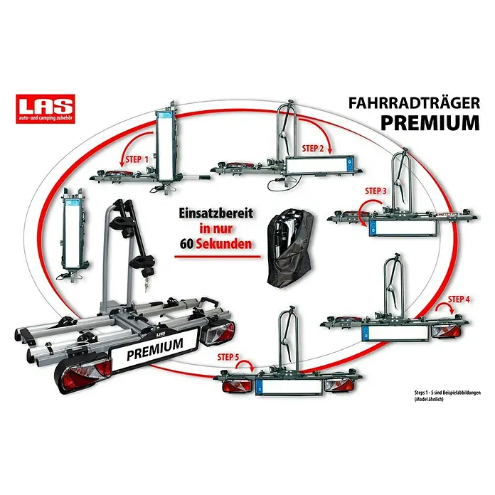 LAS Fahrradträger Premium - Geeignet für: 2 Fahrräder, Traglast: 60 kg, Passend für: Fahrzeuge mit Anhängerkupplung - Abbildung eines Fahrradträgers Premium von LAS, der in nur 60 Sekunden einsatzbereit ist. Dargestellt sind die einzelnen Montageschritte.