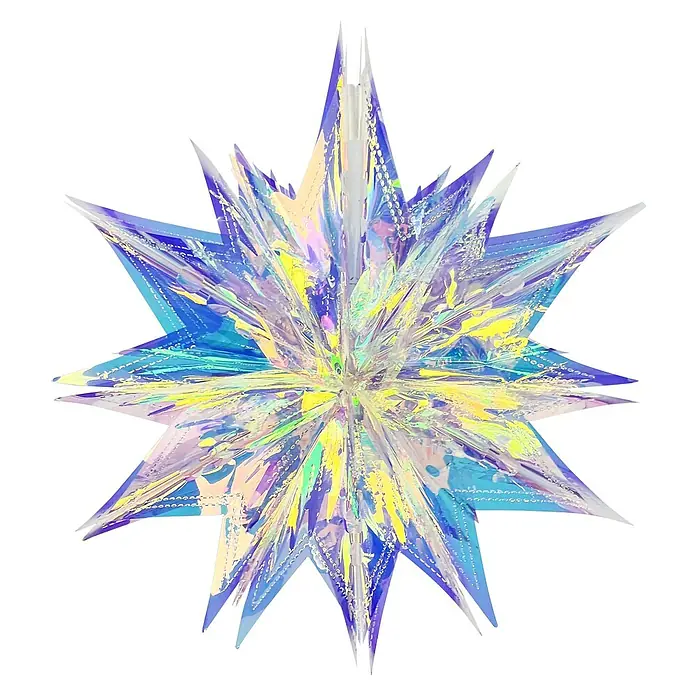 Dekoartikel Stern irisierend - Weiß, Kunststoff, Durchmesser: 40 cm - Glitzernder, sternförmiger Kristall in Blau- und Gelbtönen. Ein auffälliges Schmuckstück oder Dekorationselement.