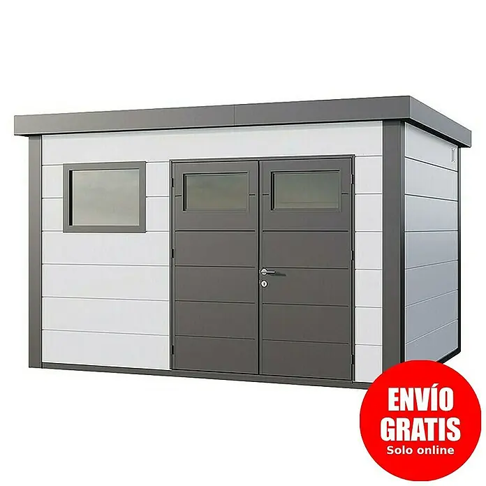 Telluria Caseta para jardín Classico 3930+ - Medidas ext. (An x Pr): 408 x 318 cm, Acero, Blanco/Antracita, Sin set - Imagen de una caseta de jardín moderna con doble puerta y ventana, ideal para guardar herramientas y equipos de jardinería.