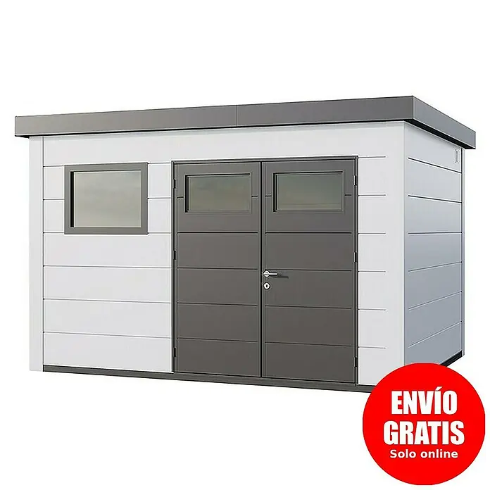 Telluria Caseta para jardín Classico 3930+ - Medidas ext. (An x Pr): 408 x 318 cm, Acero, Blanco, Sin set - Imagen de una caseta de jardín moderna con puertas dobles y una ventana, perfecta para el almacenamiento y un espacio exterior elegante.