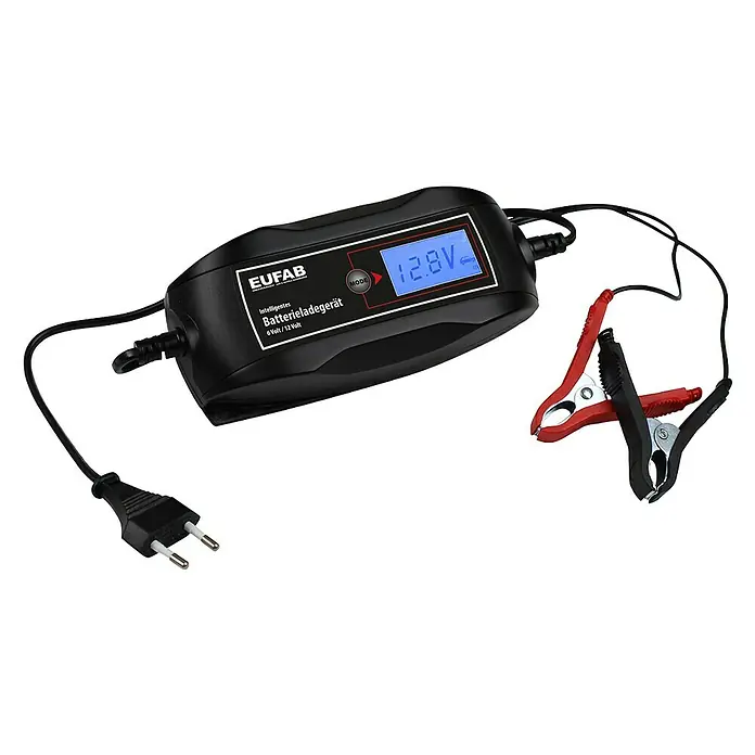 Eufab Batterie-Ladegerät - Geeignet für: Gelbatterien - Abbildung eines EUFAB Batterieladegeräts mit Kabeln und Klemmen, das zum Aufladen von 6V/12V Batterien geeignet ist.