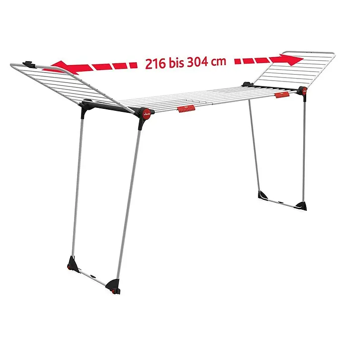 Vileda Flügel-Wäscheständer Infinity Flex - Länge Wäscheleine: 30 m, L x B x H: 304 x 56 x 128 cm, Weiß - Wäscheständer mit ausziehbaren Flügeln für mehr Trockenfläche. Die Größe ist variabel von 216 bis 304 cm.