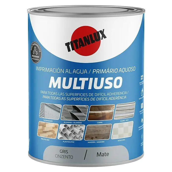 Titanlux Imprimación universal Multiuso - 750 ml, Gris - Bote de imprimación multiusos Titanlux: Imprimación al agua para superficies de difícil adherencia como galvanizado, aluminio, cobre, acero, MDF, plástico, madera y azulejos.