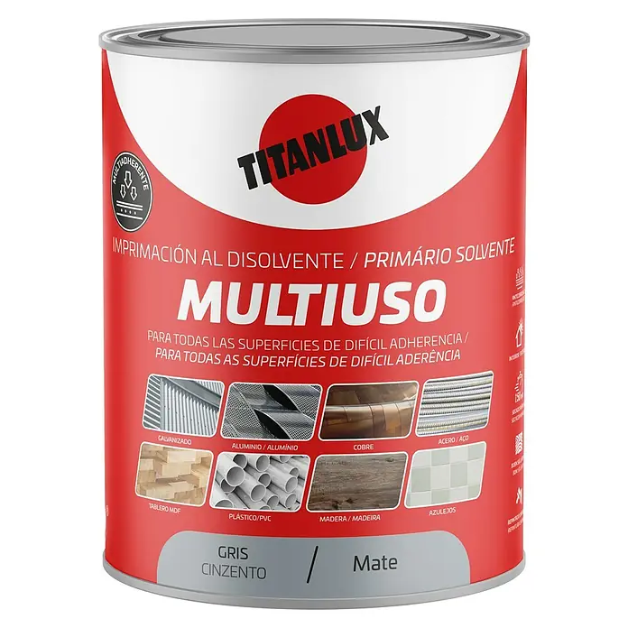 Titanlux Imprimación Multiuso - Gris, 2,5 l - Bote de imprimación multiuso Titanlux, apto para superficies galvanizadas, aluminio, cobre, acero, MDF, plástico, madera y azulejos, en gris mate.