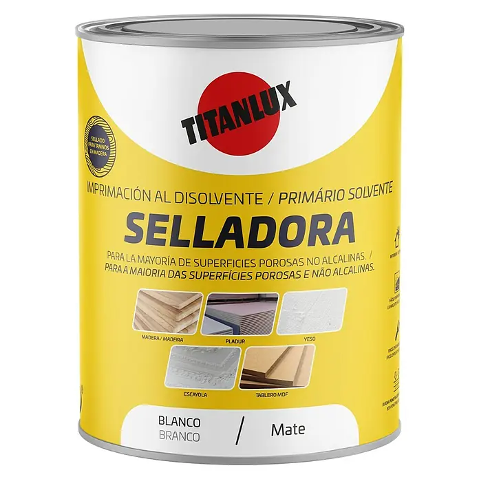 Titanlux Imprimación Selladora - 4 l, Blanco, Base disolvente - Imprimación blanca Titanlux, apta para superficies porosas como madera, pladur y yeso, disponible en acabado mate.