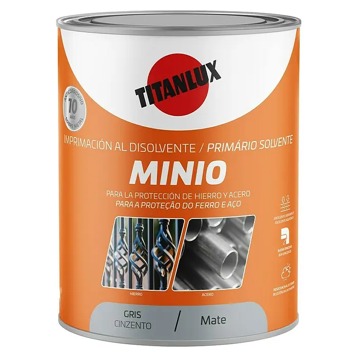 Titanlux Imprimación Minio sintético - 750 ml, Gris - Bote de imprimación Titanlux Minio para hierro y acero, al disolvente, con protección anticorrosiva de 10 años, color gris/mate, ideal para proteger metal.