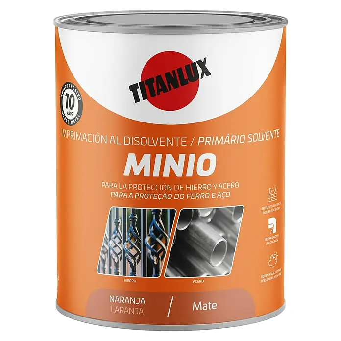 Titanlux Imprimación Minio sintético - 250 ml, Naranja - Imprimación antioxidante naranja Titanlux Minio para hierro y acero, con 10 años de protección anticorrosiva.