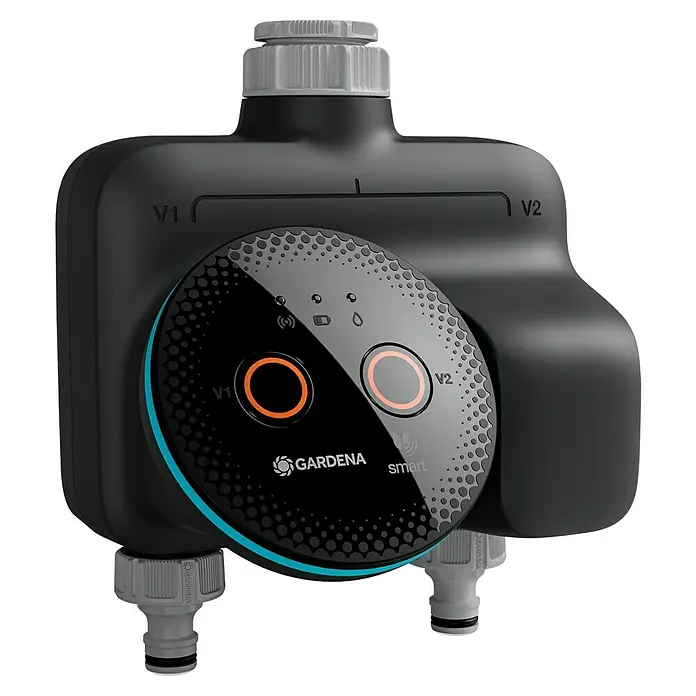 Gardena Smart system Bewässerungsautomat Dual Water Control - Betriebsdruck: 0,5 bar - 12 bar, Bewässerungsdauer: 1 min - 10 h - Nahaufnahme eines smarten Bewässerungssteuerungssystems von GARDENA, ideal für die intelligente Gartenbewässerung.