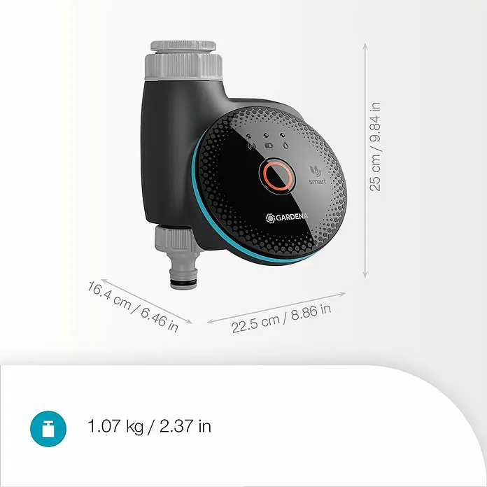 Gardena Smart system Bewässerungs-Set Control - 1,5 V, Batteriebetrieben, 2 -tlg. - Das Bild zeigt einen Gardena Smart Water Control Bewässerungscomputer mit den Maßen 25 x 22,5 x 16,4 cm und einem Gewicht von 1,07 kg.