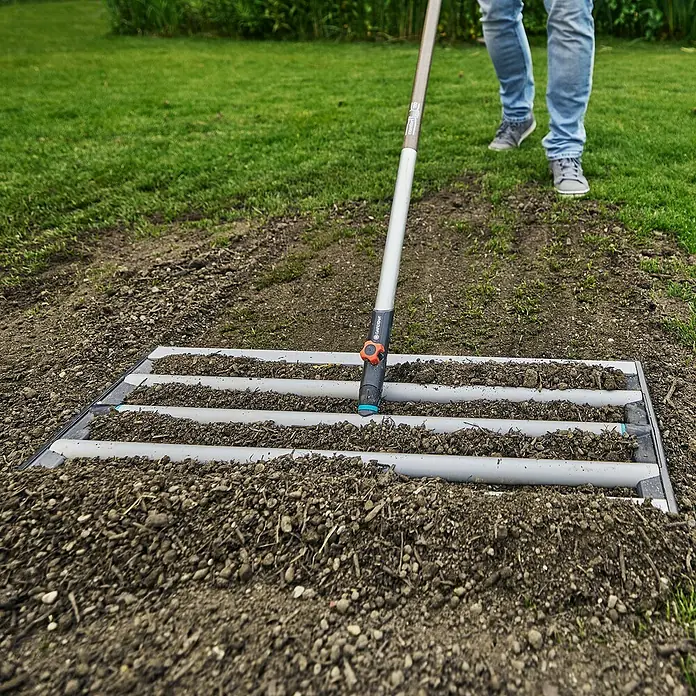Gardena Combisystem Rasenrakel - 76 cm, Stahl - Ein Mann verwendet einen GARDENA Kultivator, um den Boden in einem Garten vorzubereiten. Er ist ideal für die Bodenvorbereitung.