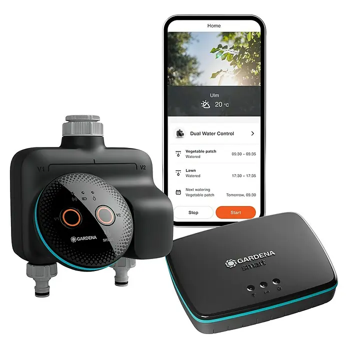 Gardena Smart system Bewässerungsautomat Dual Water Control Set - Betriebsdruck: 0,5 bar - 12 bar, Bewässerungsdauer: 1 min - 10 h - Das Gardena Smart System: Steuerungseinheit, Smartphone-App und Gateway für eine intelligente Gartenbewässerung.